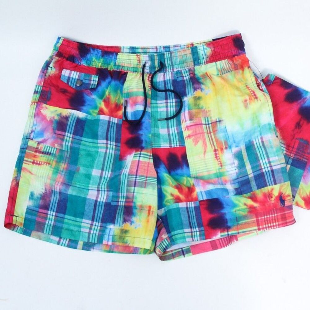 Polo Ralph Lauren NWOT Men's XL Tie Dye Patchwork Plaid Swim Trunks 5.5"
